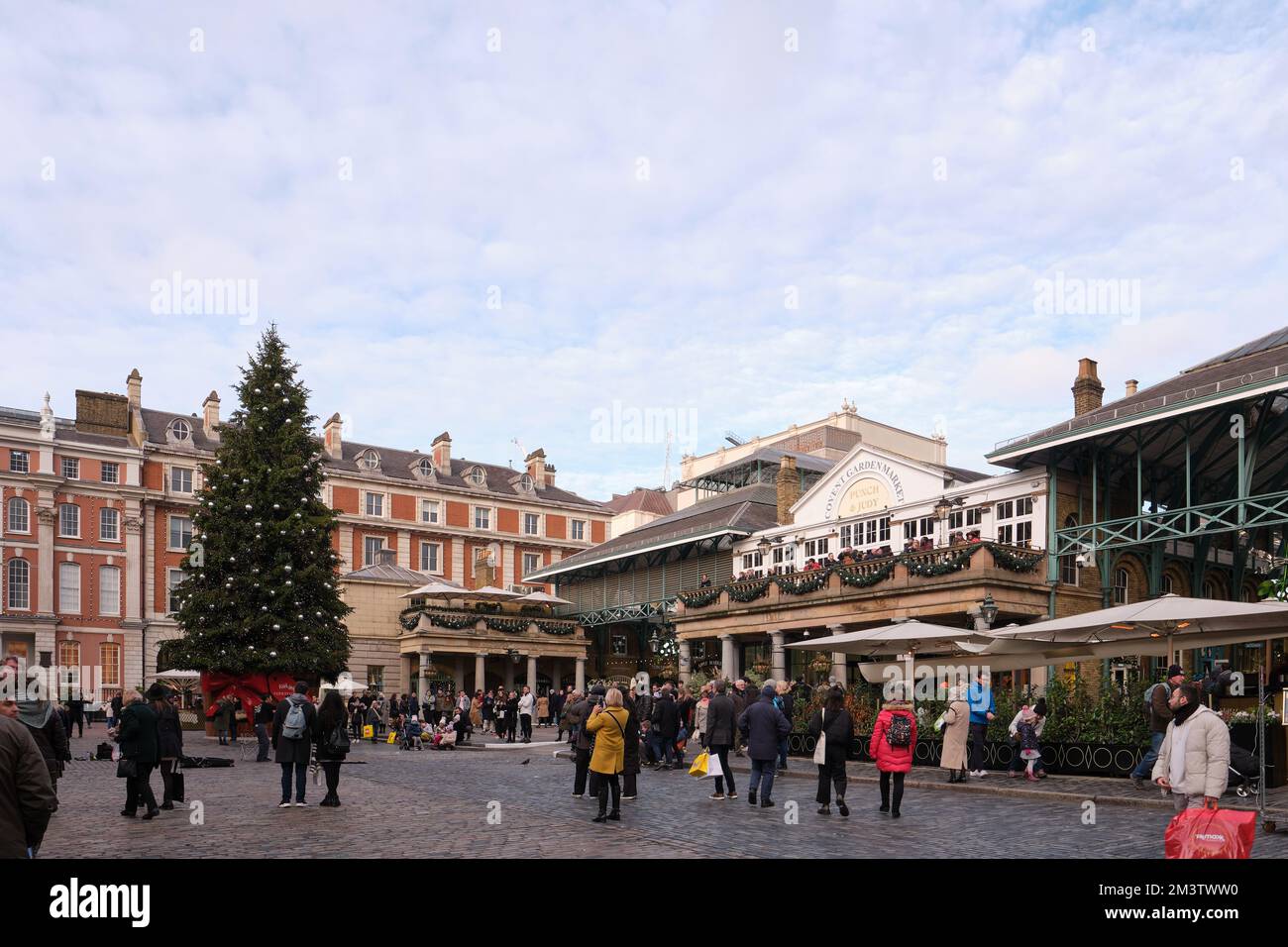 View of Covent Garden Christmas tree at Covent Garden Market, London, United Kingdom. Stock Photo