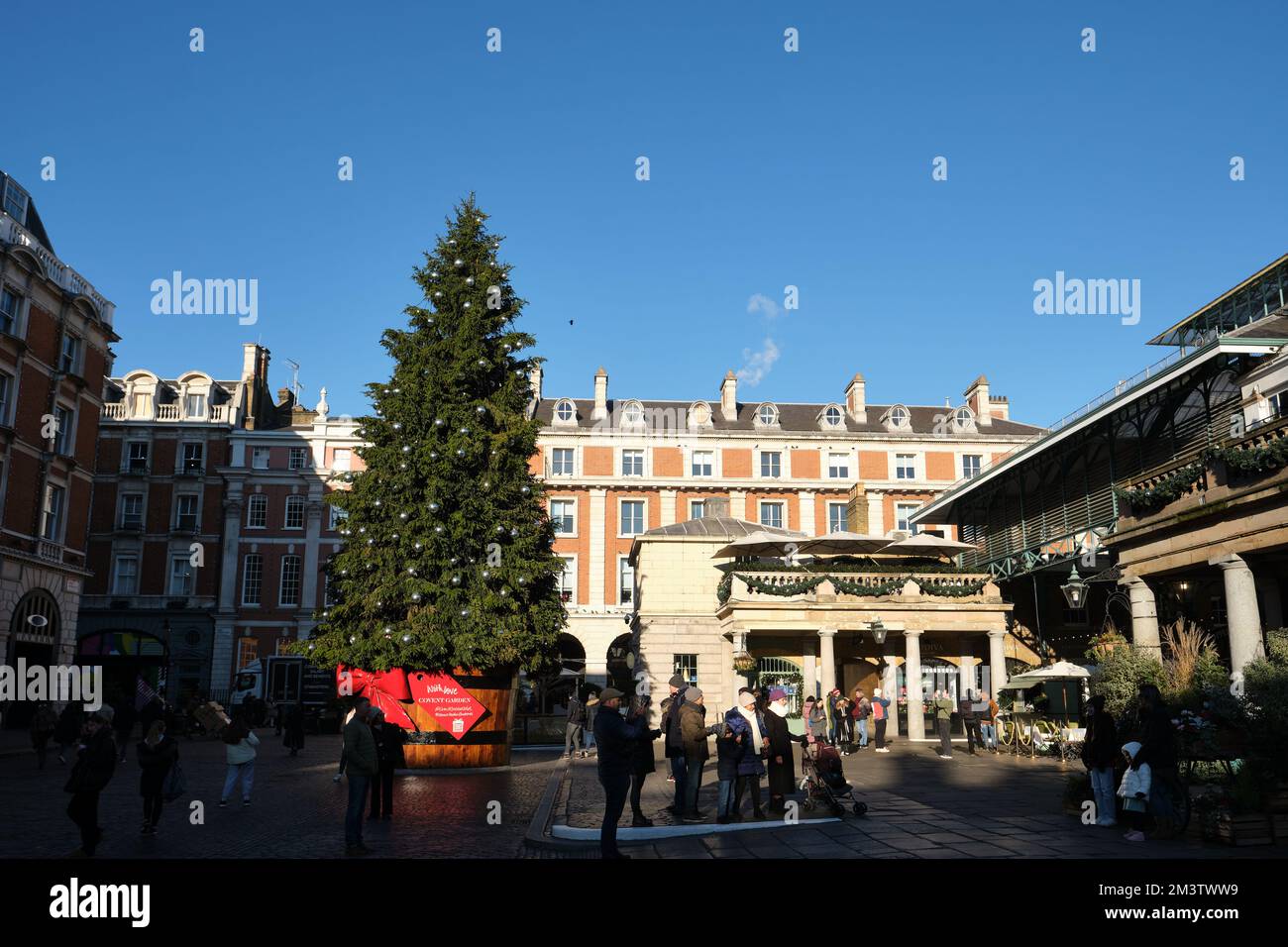 View of Convent Garden Christmas tree, London, United Kingdom. Stock Photo