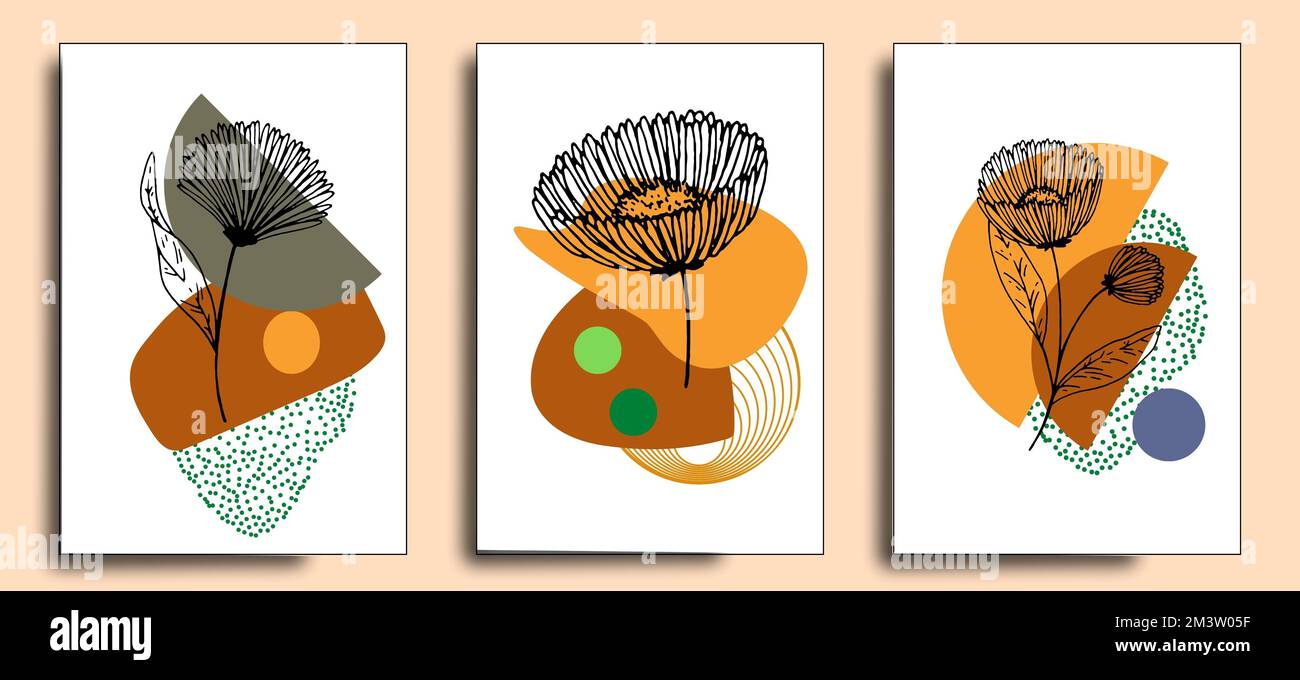 Boho Abstract Wall Art Prints. Abstract botanical poster set. Contemporary nature background set bohemian aesthetic, boho minimalist wall decor. Stock Photo