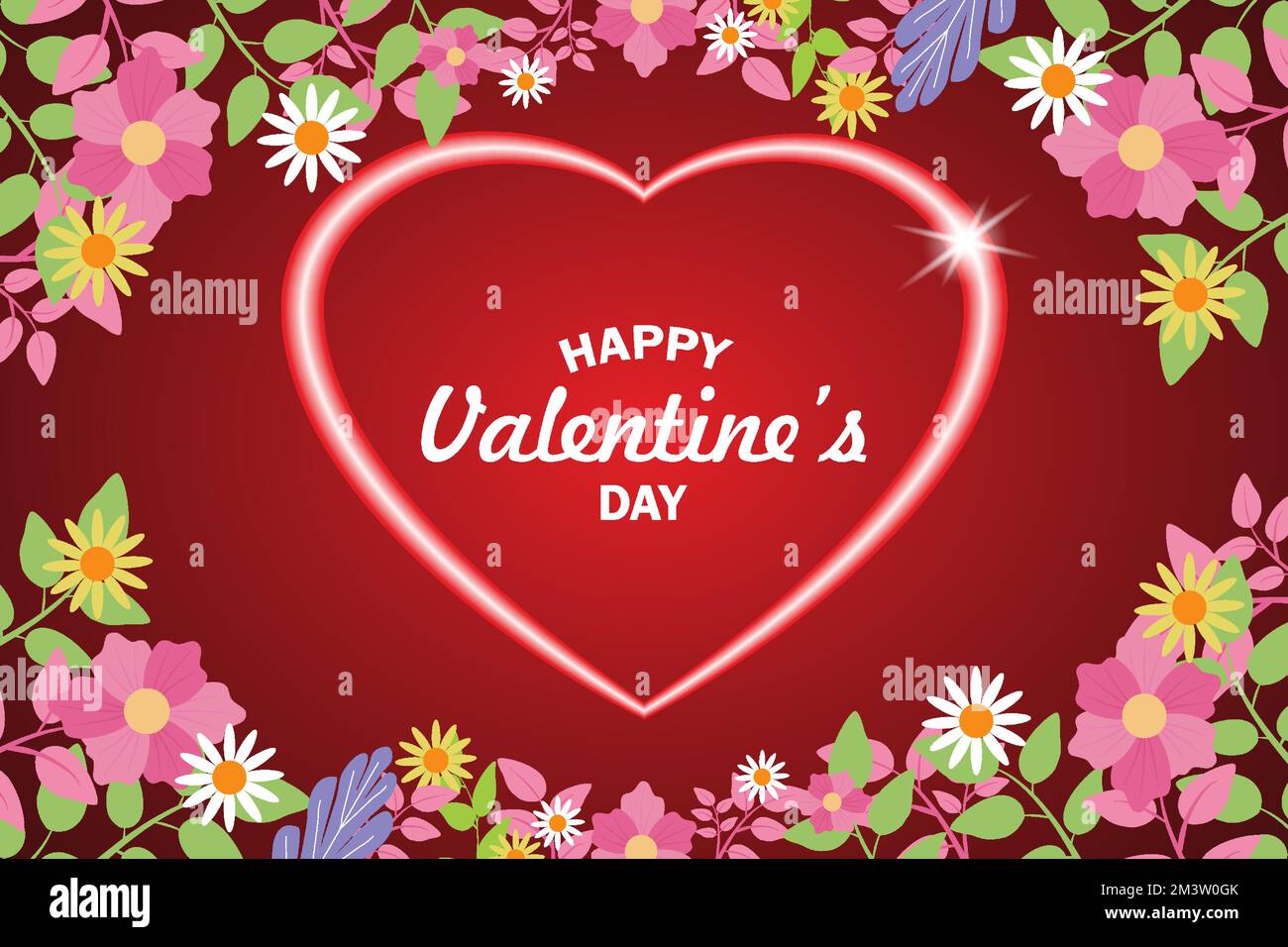 Valentine's Day greeting card floral arrangement frame. Place for text. Valentine's day sale header or voucher template with heart. 3d neon effect hea Stock Vector