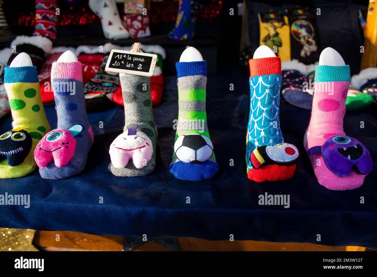 Socks stand at the Christmas Market in Reims will take place from December 1 to 30, 2022. On the Promenades Jean-Louis Schneiter, the 150 chalets of t Stock Photo