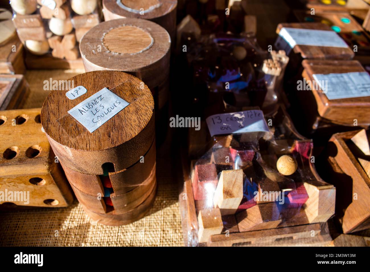 Decorative wooden objects at the Christmas Market in Reims will take place from December 1 to 30, 2022. On the Promenades Jean-Louis Schneiter, the 15 Stock Photo