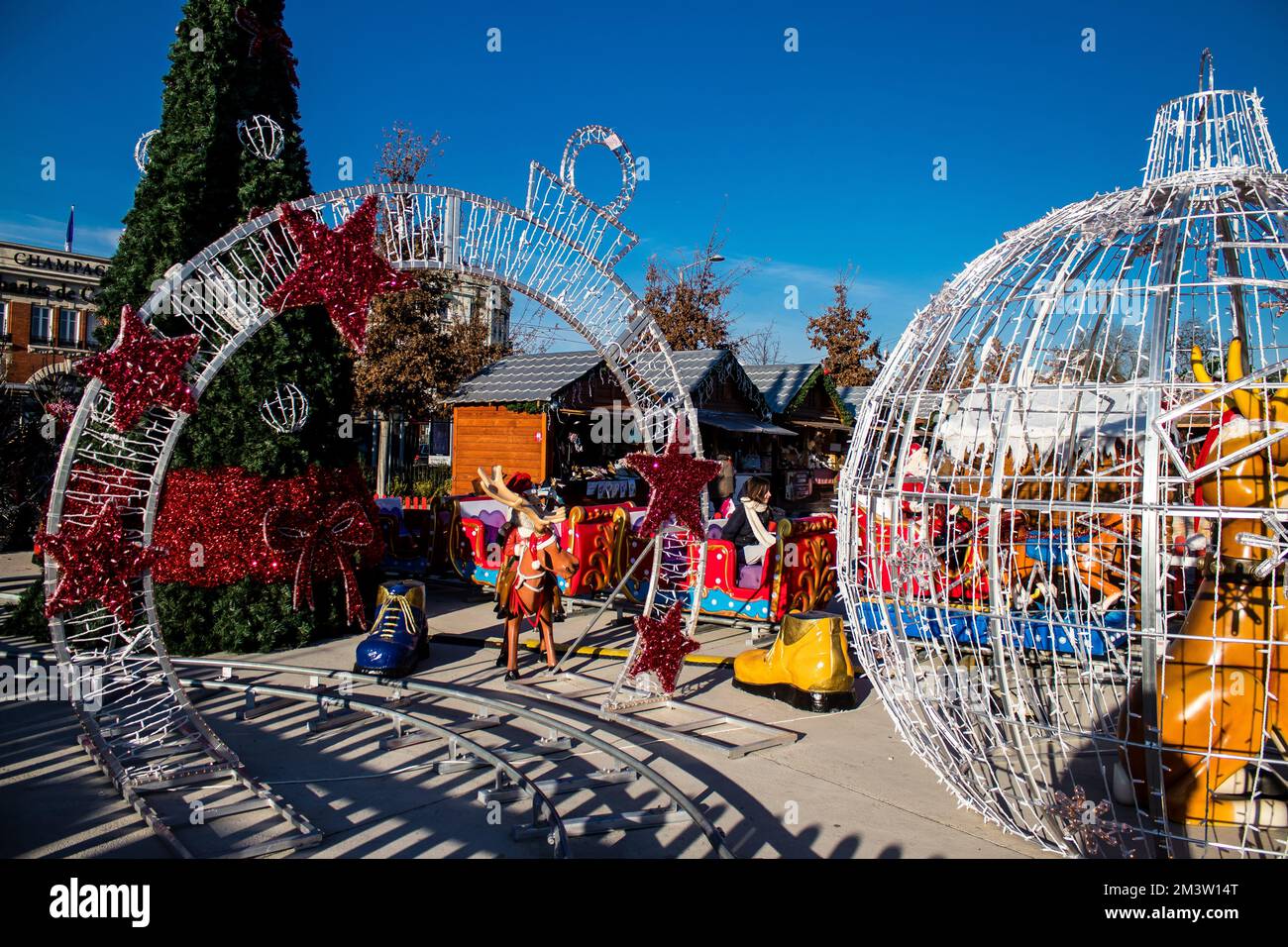 Decoration at the Christmas Market in Reims will take place from December 1 to 30, 2022. On the Promenades Jean-Louis Schneiter, the 150 chalets of th Stock Photo