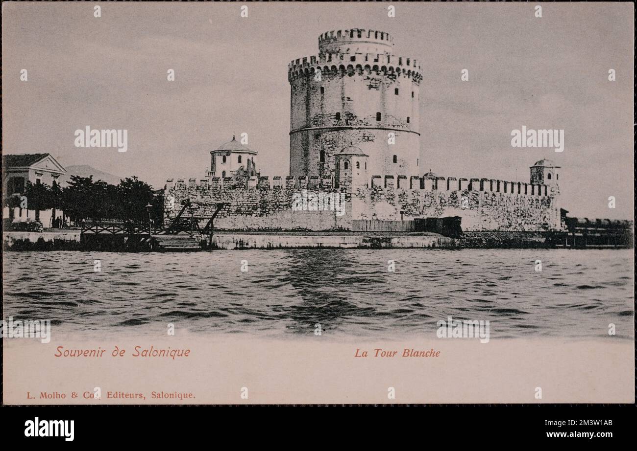 Souvenir de Salonique. La Tour Blanche , Forts & fortifications, Towers, Bays Bodies of water. Nicholas Catsimpoolas Collection Stock Photo