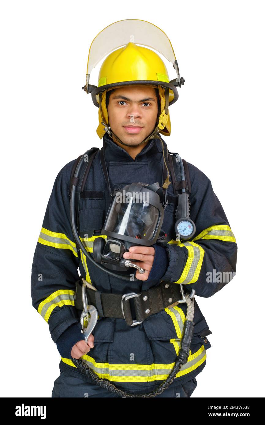 Fireman with respirator and air breathing apparatus Stock Photo