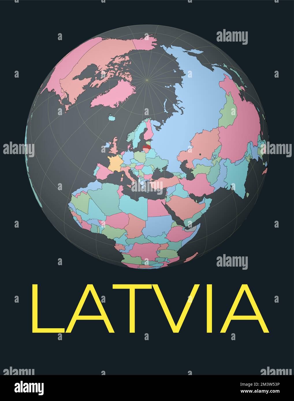 World map centered to Latvia. Red country highlighted. Satellite world
