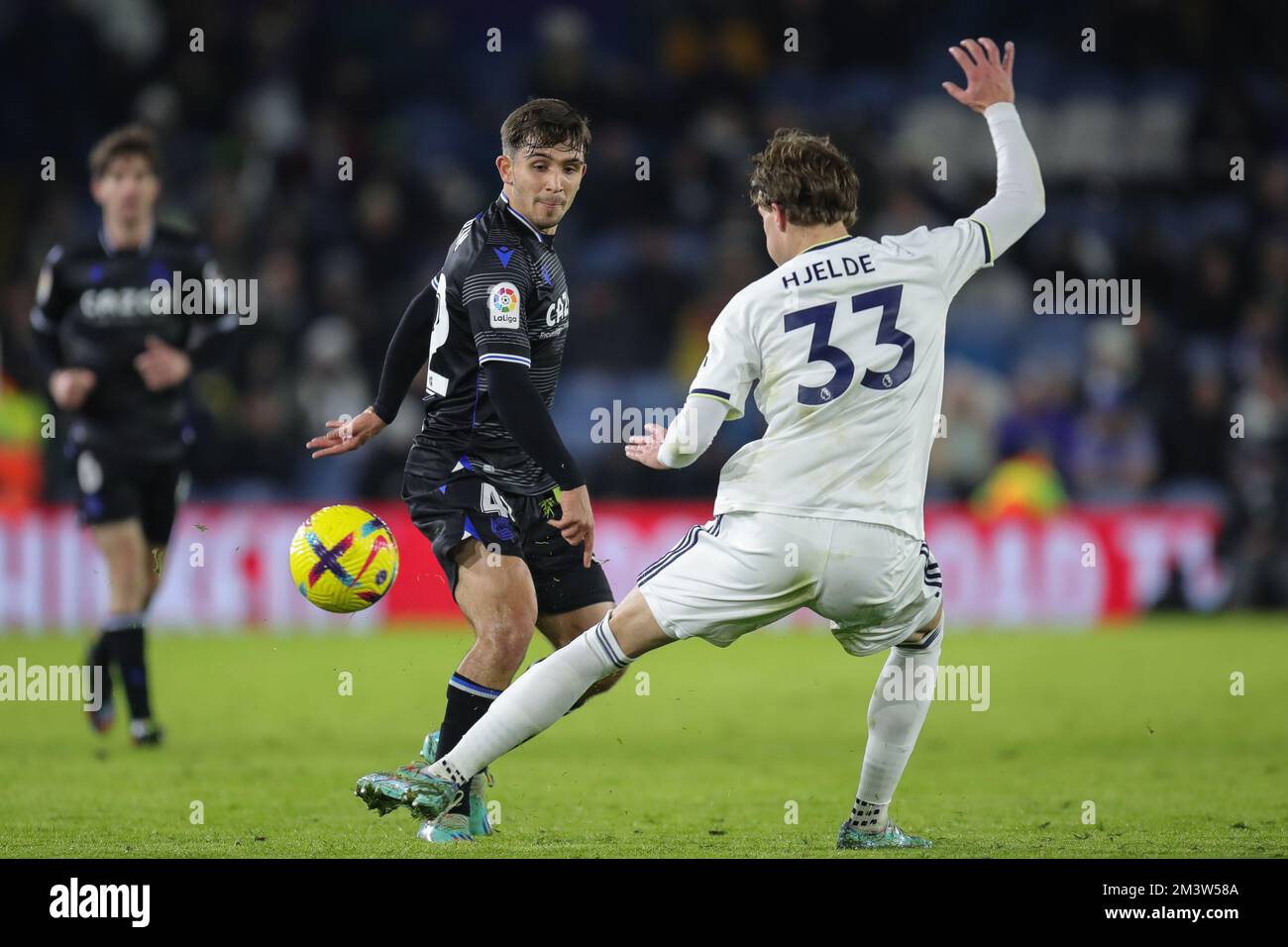 Leo Fuhr Hjelde 33 of Leeds United blocks the pass from Pablo Marín