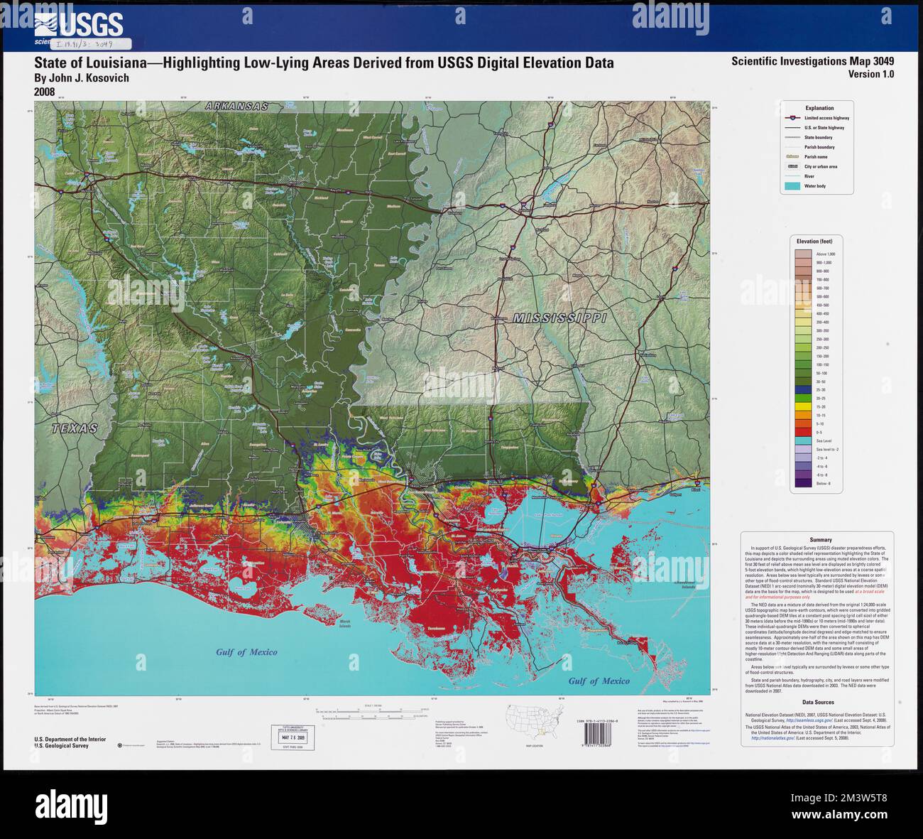State of Louisiana, highlighting lowlying areas derived from USGS