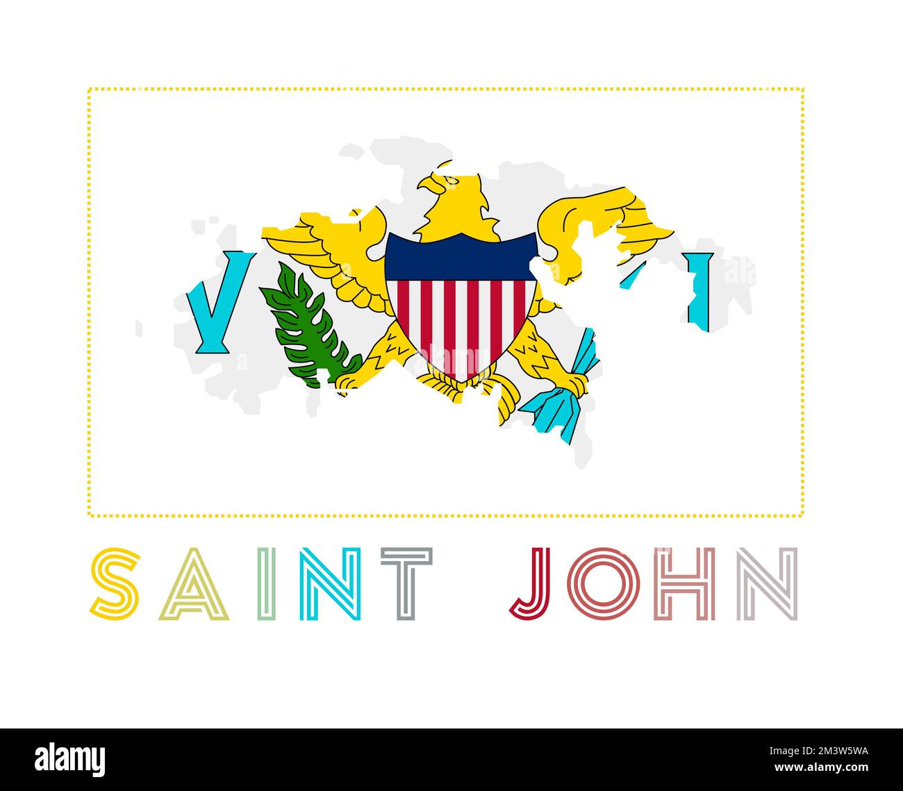 Saint John Logo. Map of Saint John with island name and flag. Modern