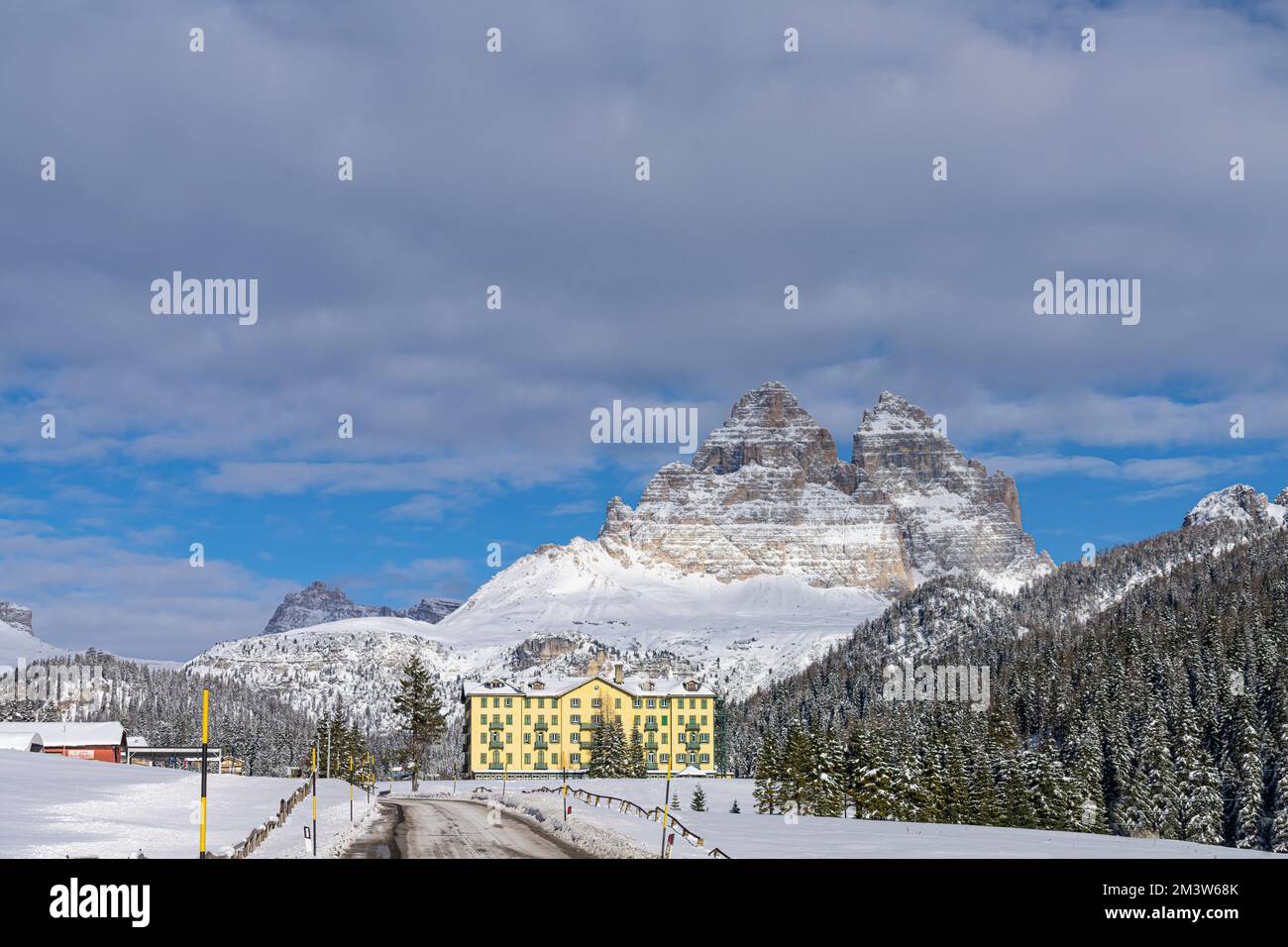 panoramic view of the frozen Misurina lake, in the Dolomites mountains, Italy, in winter Stock Photo
