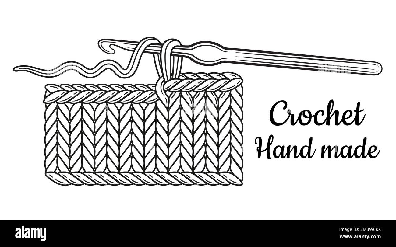 Crochet knitting, crocheting hook with cotton or wool yarn thread, hand knit pattern line icon. Needlework accessory. Handmade knitted knitwear vector Stock Vector