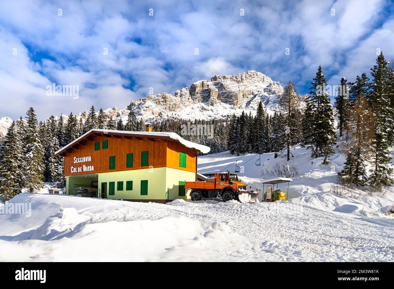 winter panoramic view of the Col de Varda chairlift at the Misurina lake, Italy, with snow. Stock Photo
