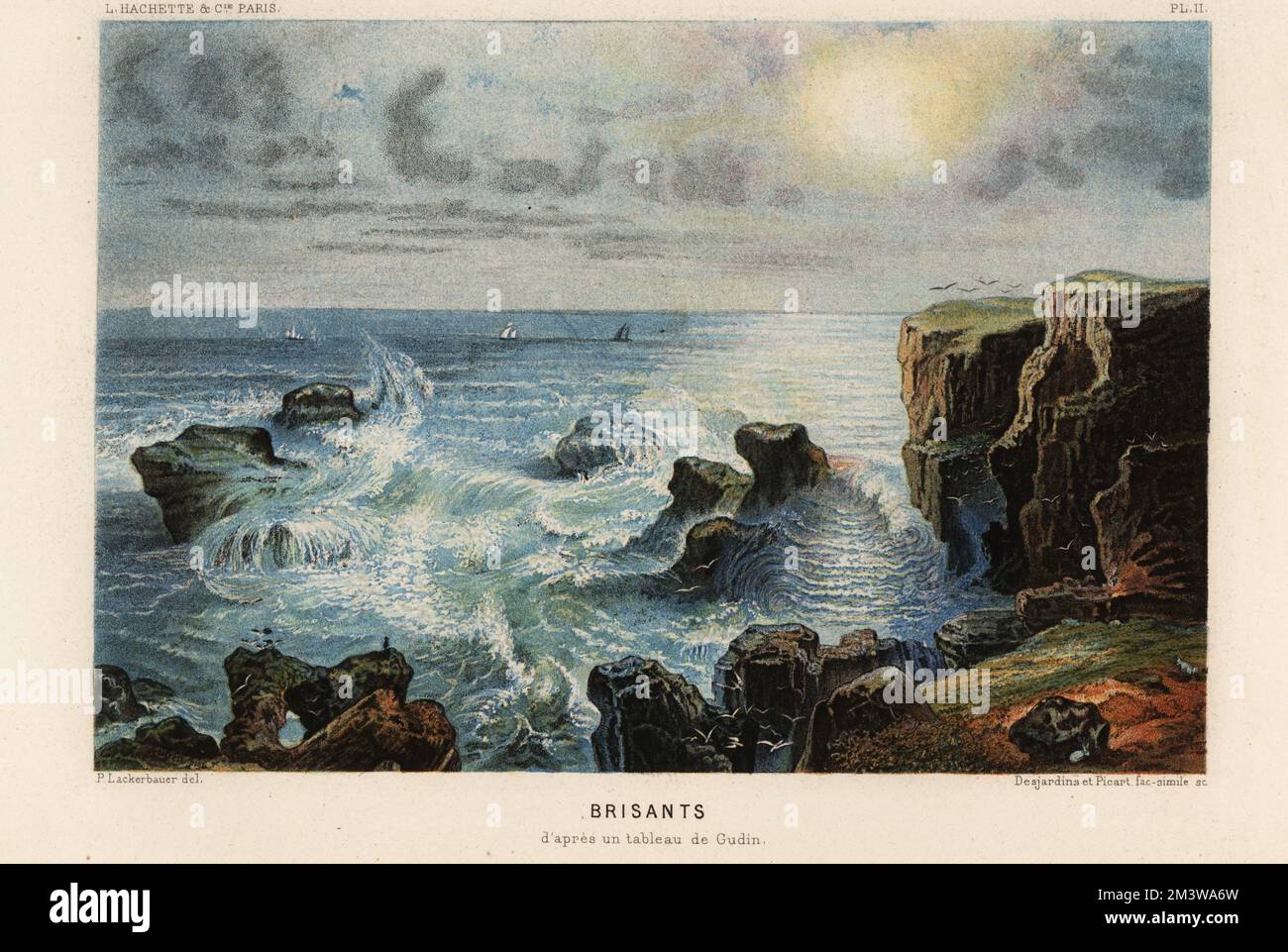 Landscape of a rough sea with waves crashing on rocks by marine artist Theodore Gudin. Brisants d'apres un tableau de Gudin. Chromolithograph by Pierre Lackerbauer from Alfred Fredol’s Le Monde de la Mer, the World of the Sea, edited by Olivier Fredol, Librairie Hachette et. Cie., Paris, 1881. Alfred Fredol was the pseudonym of French zoologist and botanist Alfred Moquin-Tandon, 1804-1863. Stock Photo