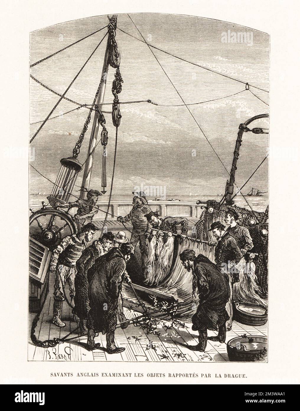English sailors examining objects dredged from the sea. Fishermen checking their catch. Savants anglais examinant les objets rapporte par la drague. Woodcut by  Jules-Descartes Ferat from Alfred Fredol’s Le Monde de la Mer, the World of the Sea, edited by Olivier Fredol, Librairie Hachette et. Cie., Paris, 1881. Alfred Fredol was the pseudonym of French zoologist and botanist Alfred Moquin-Tandon, 1804-1863. Stock Photo
