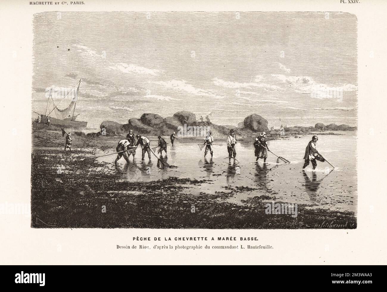 Shrimpers fishing for shrimps with nets at low tide. Peche de la chevrette a Maree Basse. Drawing by Edouard Riou after a photograph by L. Hautefeuille. Woodcut by Henri Hildibrand from Alfred Fredol’s Le Monde de la Mer, the World of the Sea, edited by Olivier Fredol, Librairie Hachette et. Cie., Paris, 1881. Alfred Fredol was the pseudonym of French zoologist and botanist Alfred Moquin-Tandon, 1804-1863. Stock Photo