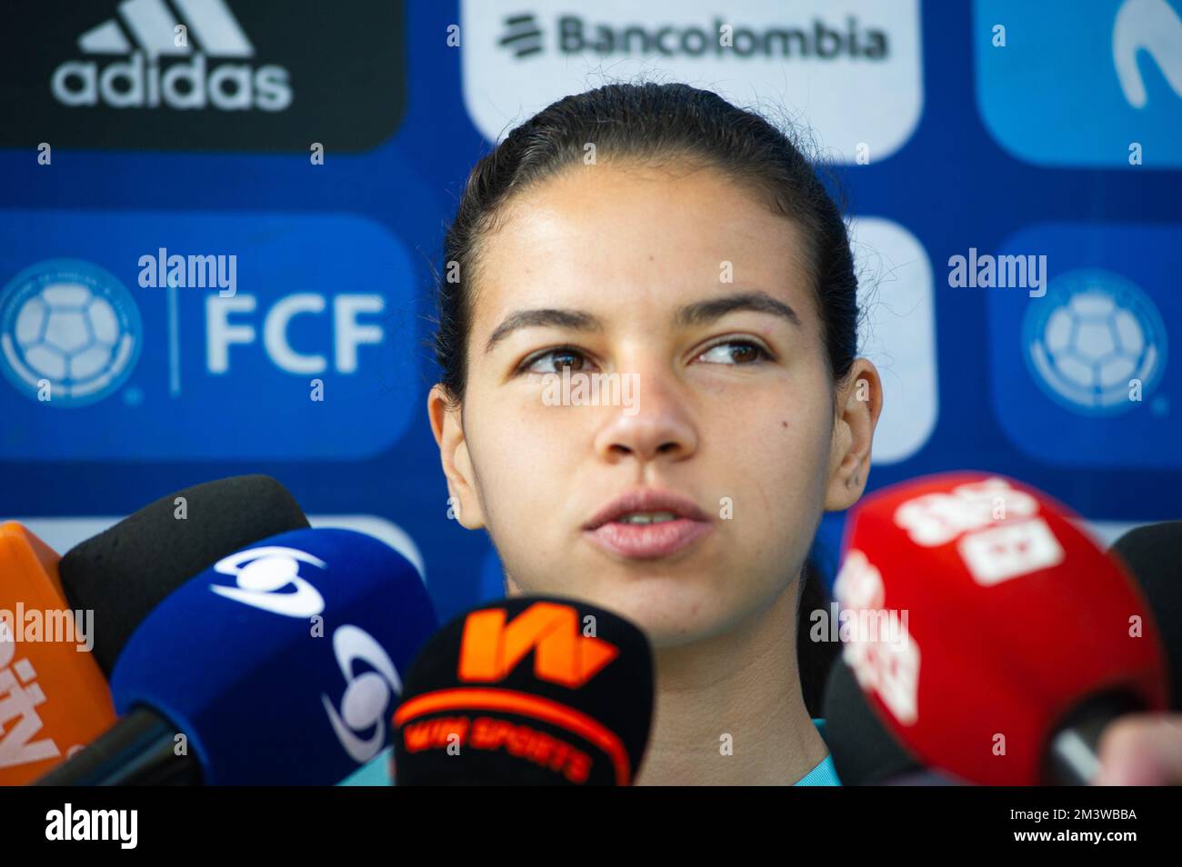 Iliana Izquierdo gives a press conference during Colombia's womens team preparations in Bogota, Colombia for the 2023 Australia's Womens World Cup, december 15, 2022. Photo by: S. Barros/Long Visual Press Stock Photo