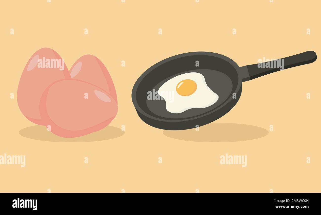Cute Fried egg on Frying pan. Healthy morning breakfast with egg. Vector illustration Stock Vector