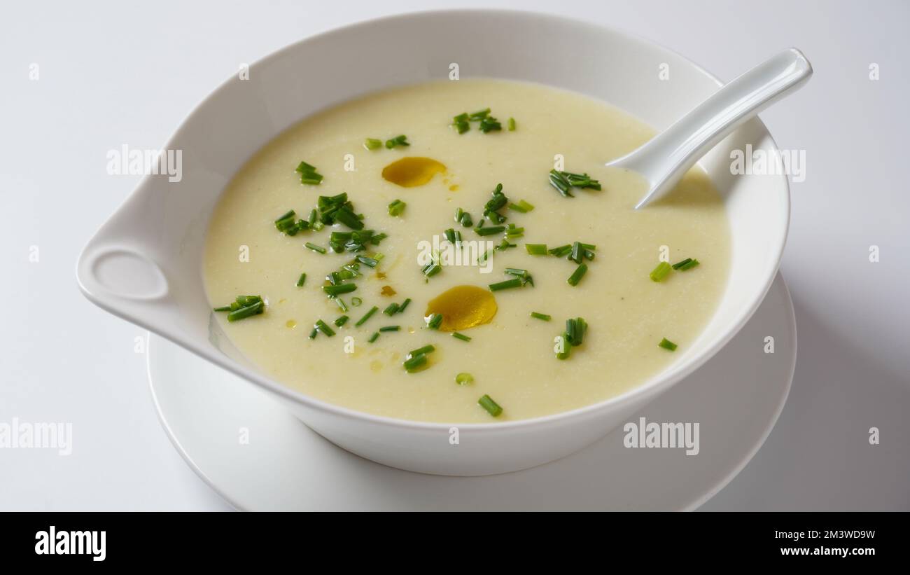 Vichyssoise, classic French chilled cream soup potato leek, and onion