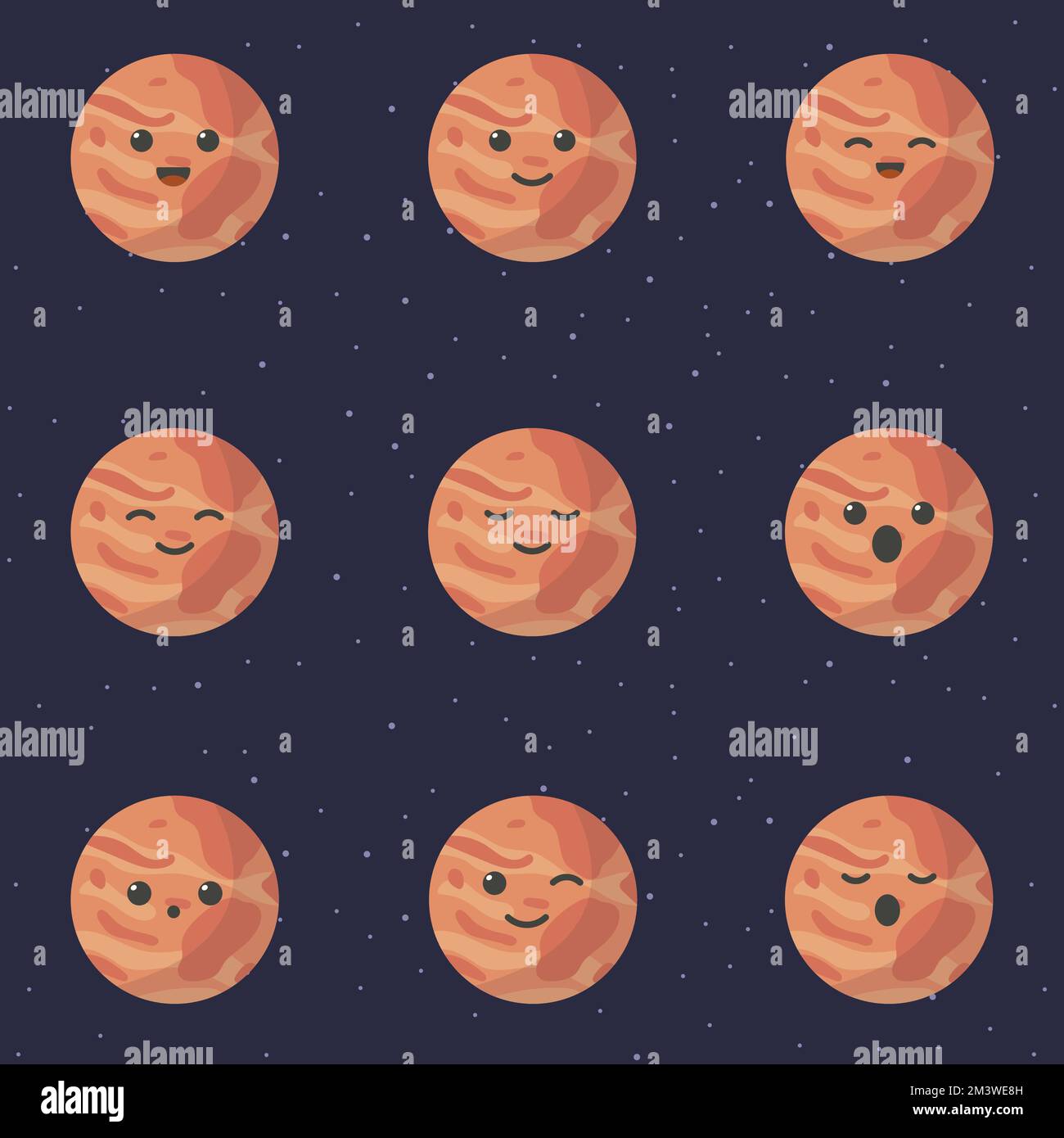 Cute planet mars cartoon character. Set of cute cartoon planets with different emotions. Vector illustration Stock Vector