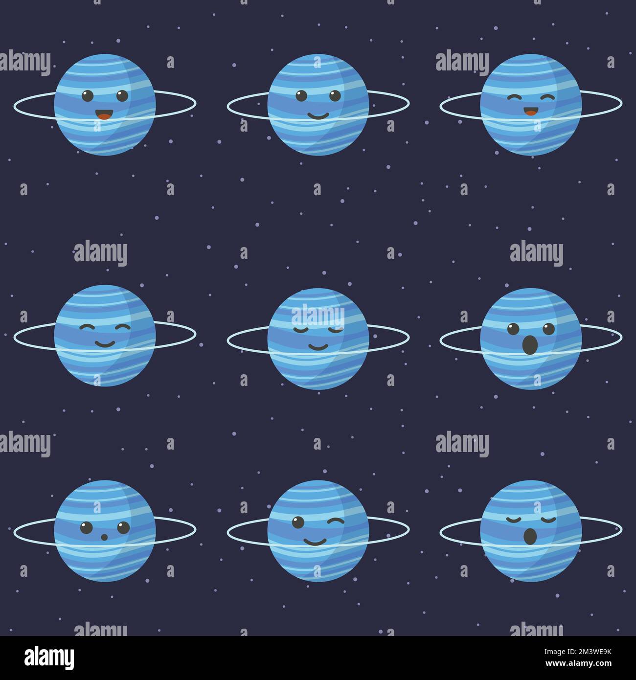 Cute planet uranus cartoon character. Set of cute cartoon planets with different emotions. Vector illustration Stock Vector