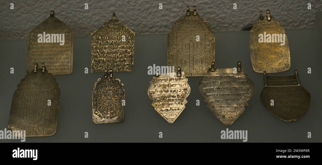 Kabbalistic amulets (kemia) from Persia. 20th century. Silver. Sephardic Museum. Toledo. Castile-La Mancha. Spain. Stock Photo