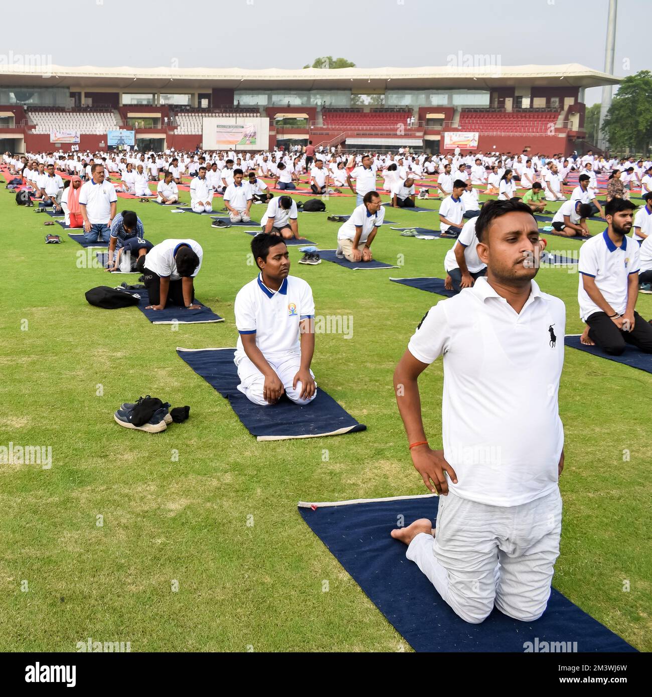 New Delhi, India, June 21 2022 Group Yoga exercise session for people