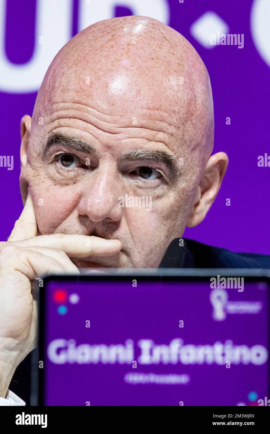 Doha, Qatar. 16th Dec, 2022. 2022 FIFA World Cup Press Conference before  Final Games Dec 16th. Gianni Infantino, President of FIFA speaking to the  press Credit: Action Plus Sports Images/Alamy Live News