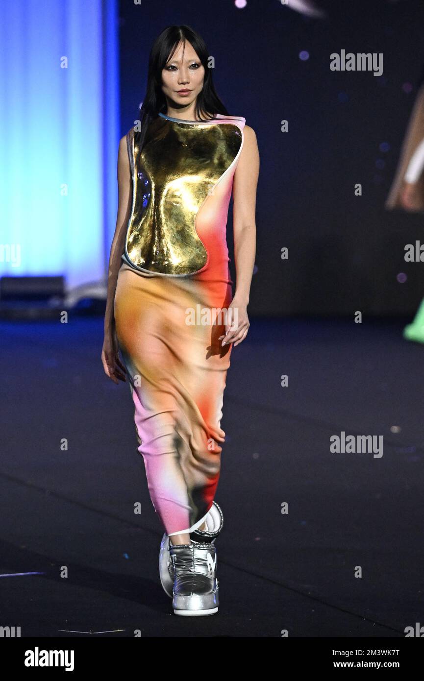 Model Soo Joo Park walks on the runway during the Chanel Fashion