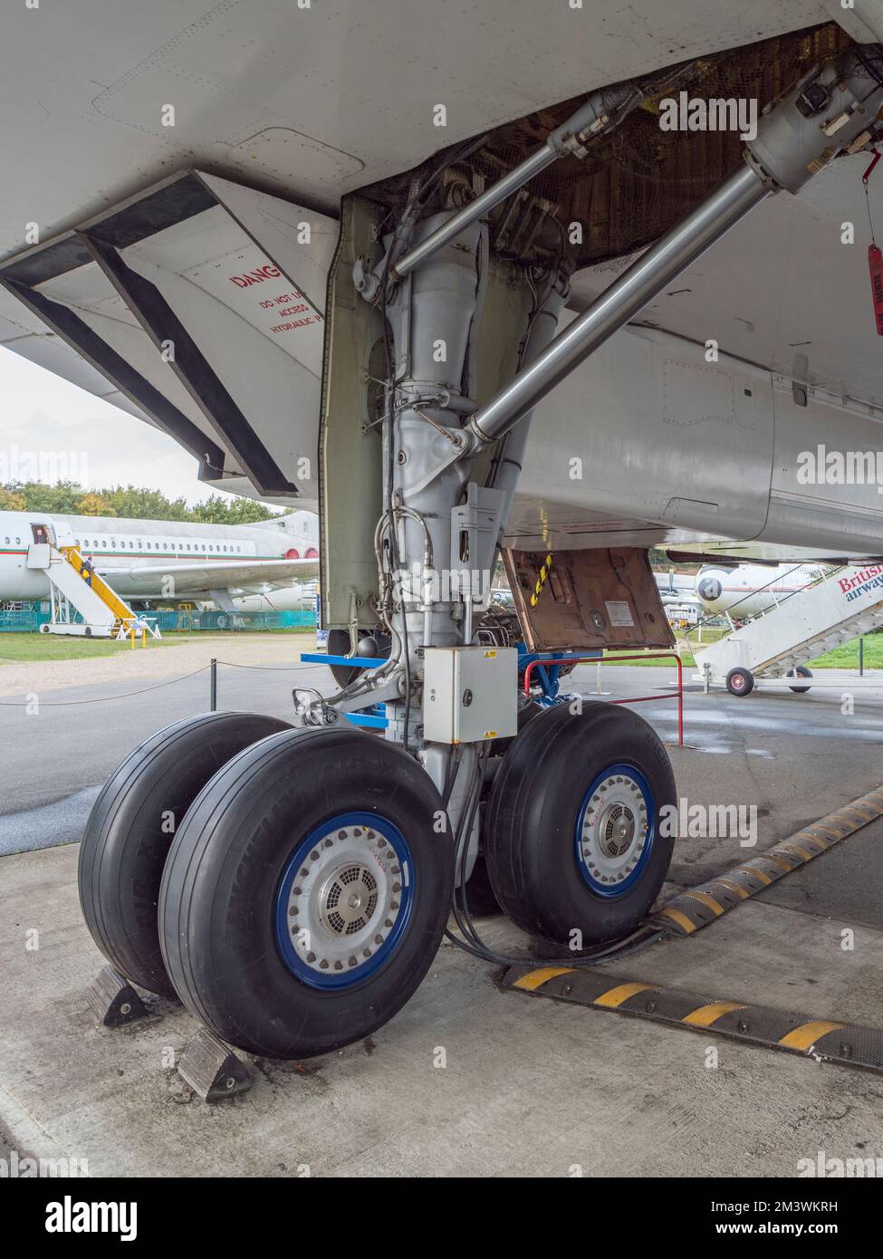 A set of rear landing gear on the BAC Concorde (G-BBDG) on display at the Brooklands Museum, Weybridge, Surrey, UK. Stock Photo