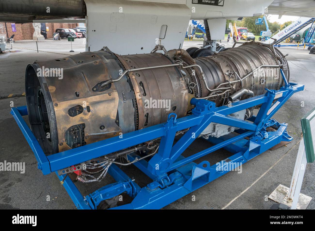 A Rolls Royce/Snecma Olympus 593 jet engine, used on the BAC Concorde (G-BBDG) on display at the Brooklands Museum, Weybridge, Surrey, UK Stock Photo