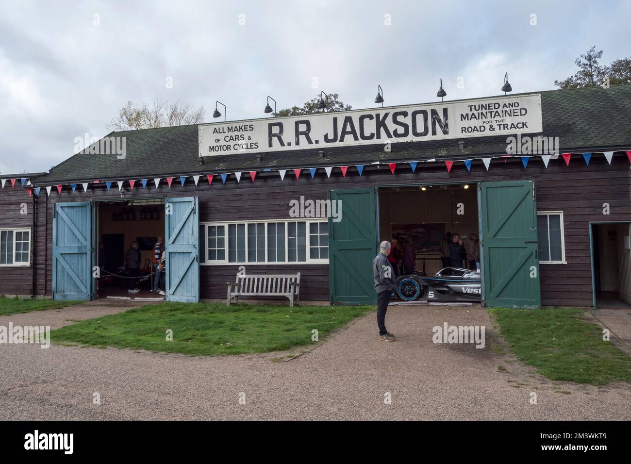 The R.R.Jackson garage (Robin jackson) now dedicated to the British Grand Prix ehibition, Brooklands Museum, Weybridge, Surrey, UK Stock Photo
