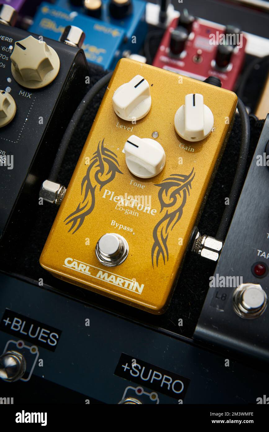 The pedal board of guitarist Gem Archer, former Oasis guitarist and