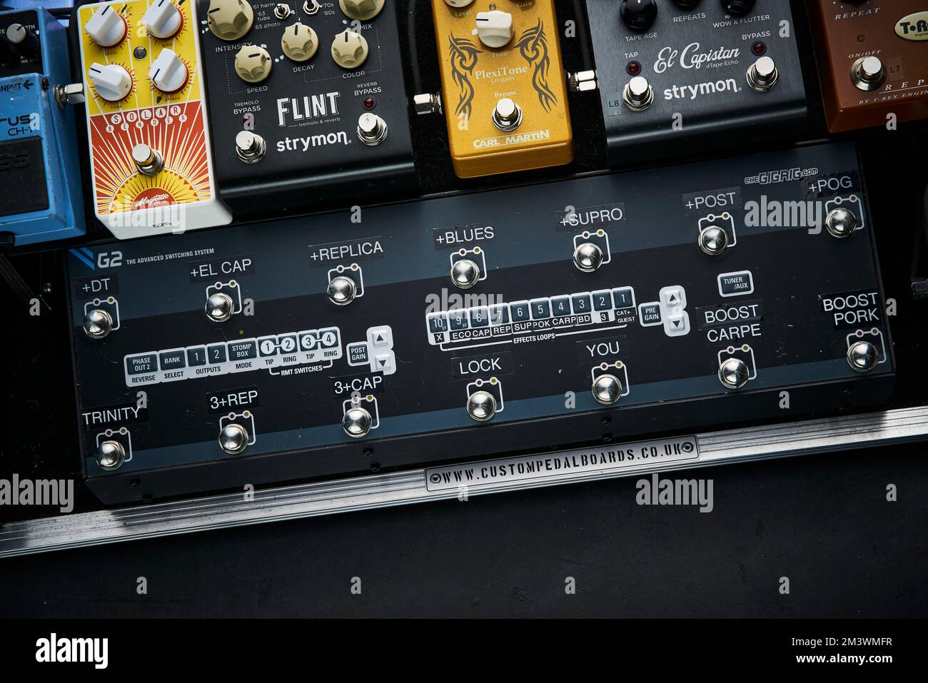 The pedal board of guitarist Gem Archer, former Oasis guitarist and