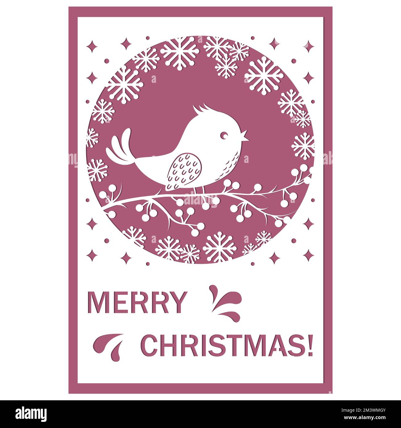 Christmas card papercut winter bird on a branch with a berry, vector ...