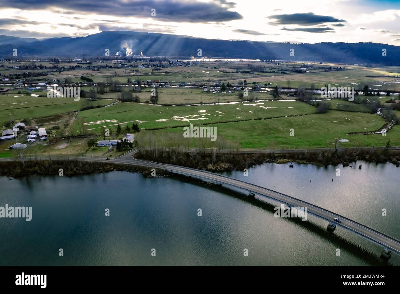 An aerial view of a bridge between Cathlamet Washington and surge for