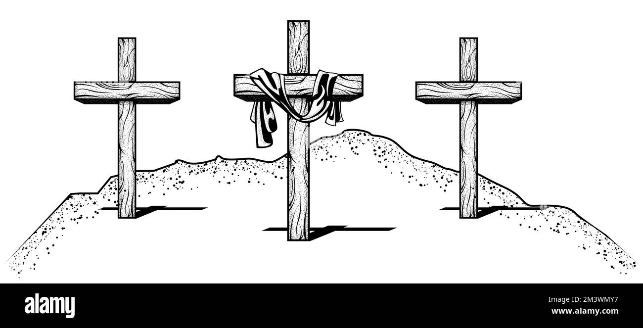 Three crosses with fabric on Golgotha, crucifixion hill in jerusalem, biblical mount Calvary, resurrection, vector Stock Vector