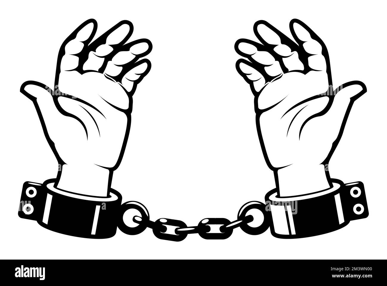 Man hands with shackles on wrists, slave handcuffed, prisoner fetter, encumbrance or debt concept , vector Stock Vector