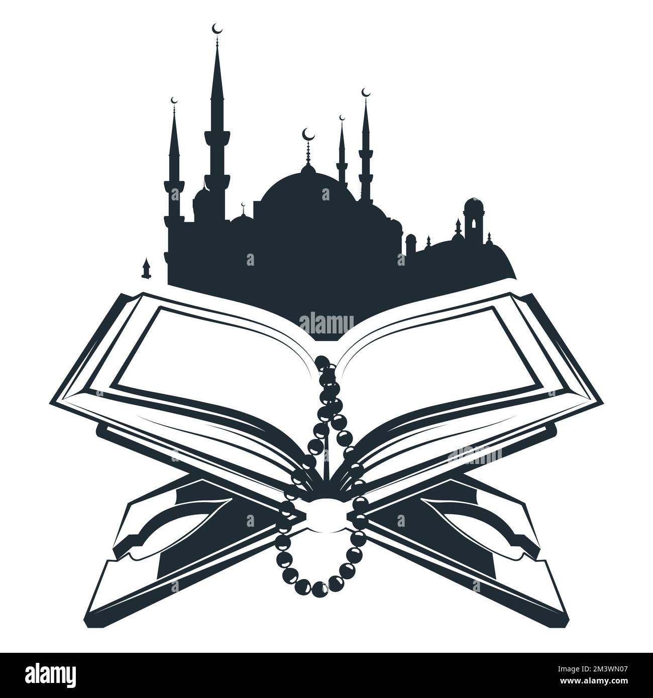Quran on wooden board stand and mosque building silhouette, open koran and prayer beads, vector Stock Vector