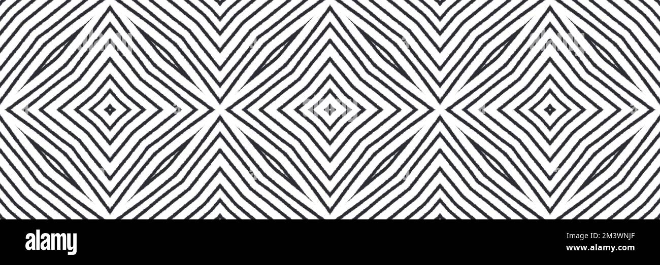 Striped hand drawn seamless pattern. Black symmetrical kaleidoscope background. Repeating striped hand drawn border. Actual decorative design element Stock Photo