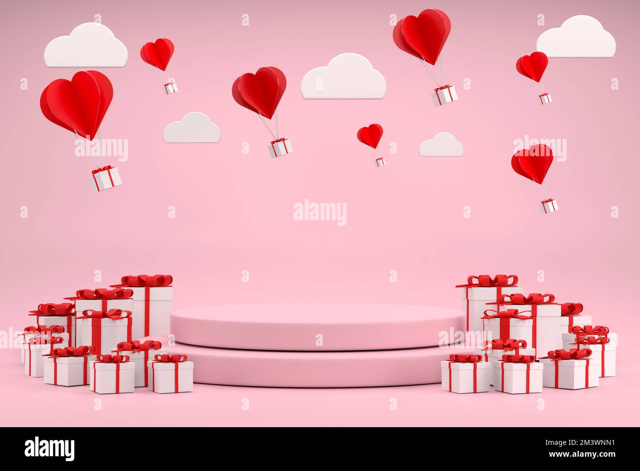 3D. Podium and Gift boxes with heart balloon floating it the sky, Happy ...