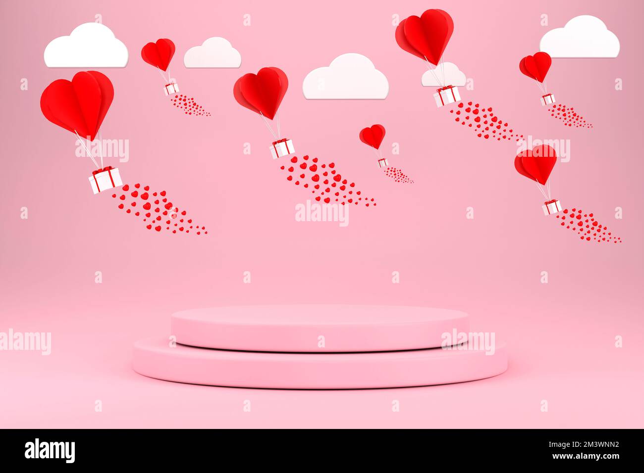 3D. Podium and gift boxes with heart balloon floating it the sky, Happy ...