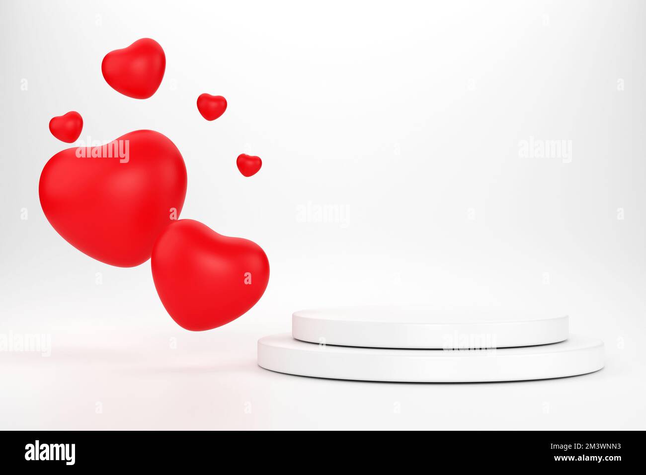 3D. White circle podium with red heart with white background. Valentine ...