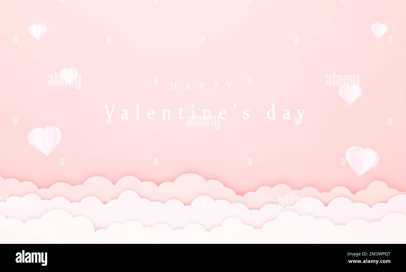 3D. Pink paper hearts floating in the sky. Concept valentine's day ...