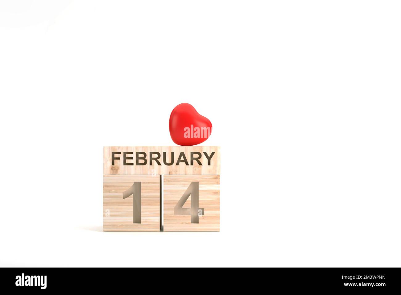 3D. Wooden cube calendar with 14th february date and red heart, Valentime's day concept. Stock Photo