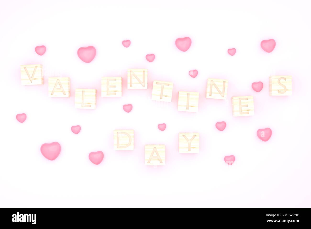 3D. Wooden cube Valentime's dayand and pink hear backgground Stock Photo