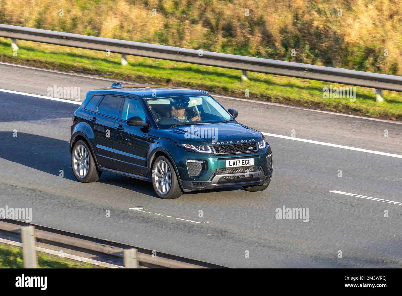 2017 Green LAND ROVER EVOQUE 1999cc Petrol 9 speed sequential automatic; travelling on the M6 motorway, UK Stock Photo