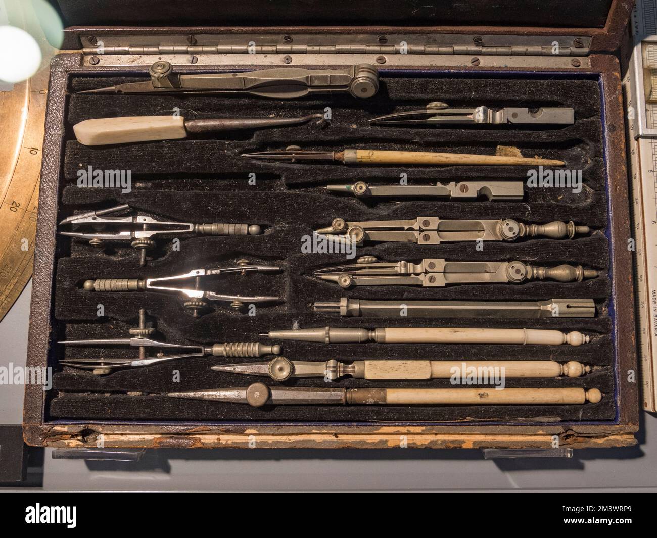A set of technical drawing tools used by the Vickers designer Sir Sydney Camm (1950s) on display in the Bellman Hanger, Brooklands Museum, Surrey, UK Stock Photo