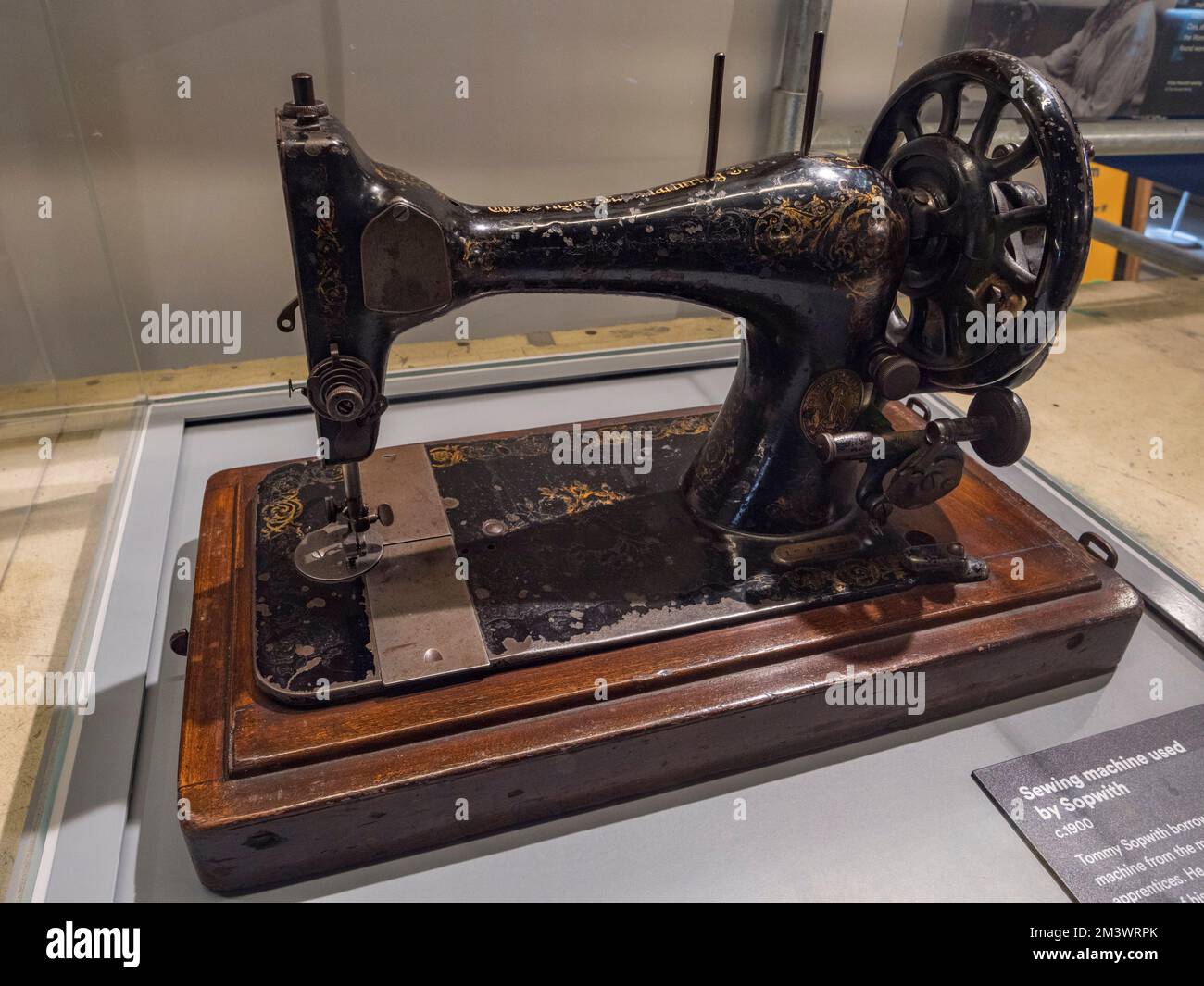 A Singer industrial sewing machine used by Tommy Sopworth (c1900) on display in the Bellman Hanger, Brooklands Museum, Surrey, UK Stock Photo