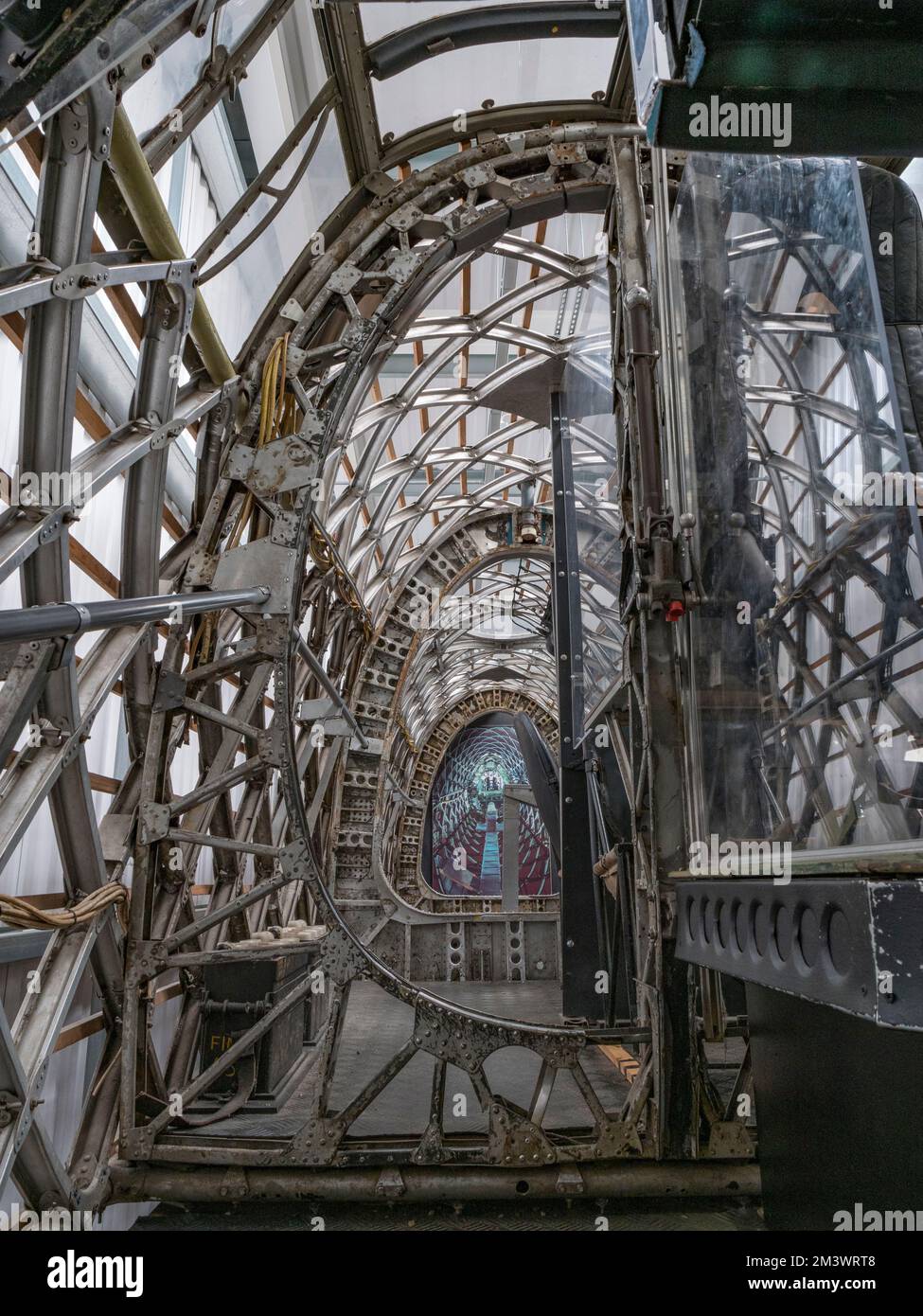 View looking through the fuselage of a Wellington bomber on display at the Brooklands Museum, Surrey, UK. Stock Photo