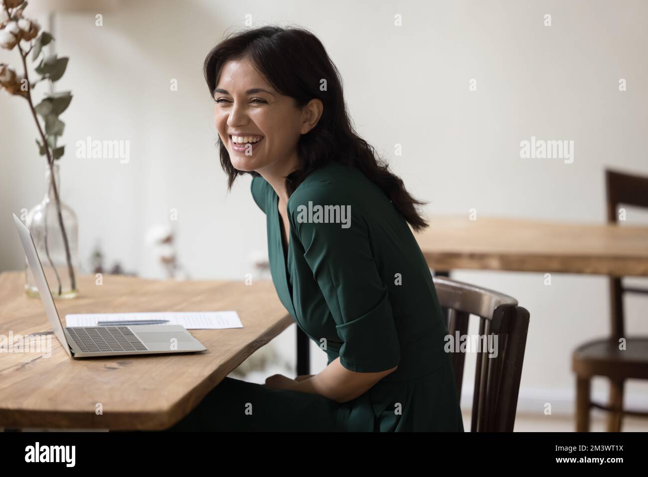Happy excited laptop user woman laughing at joke Stock Photo